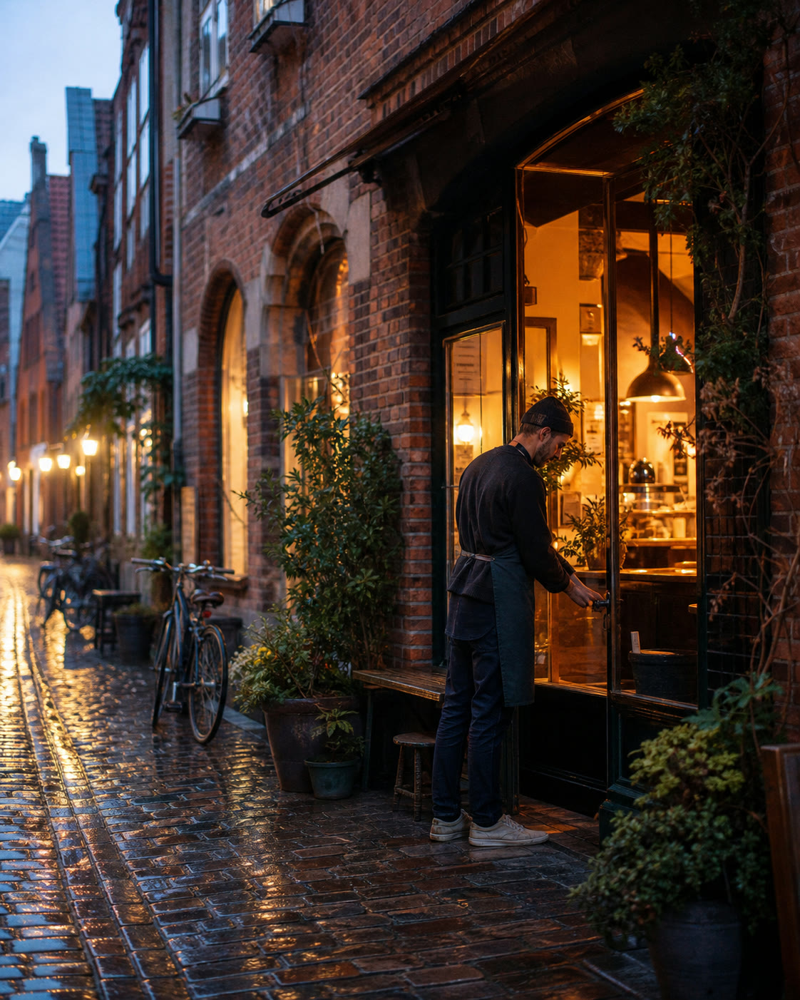 Ein Caféinhaber öffnet am frühen Morgen sein Café in einer Lübecker Backsteinstraße