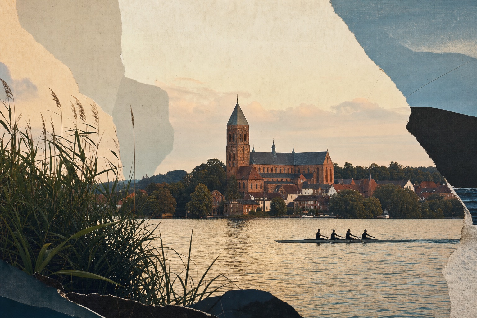 Gestaltetes Ratzeburg-Porträt mit Dom, Inselstadt, Seen und Ruderboot